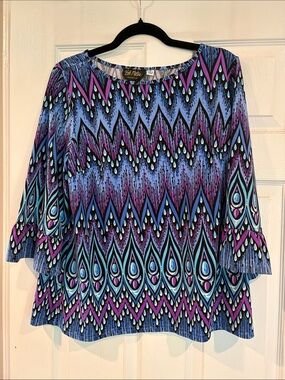 Bob Mackie Blue, Purple & Black Graphic Bell-Sleeve Tunic